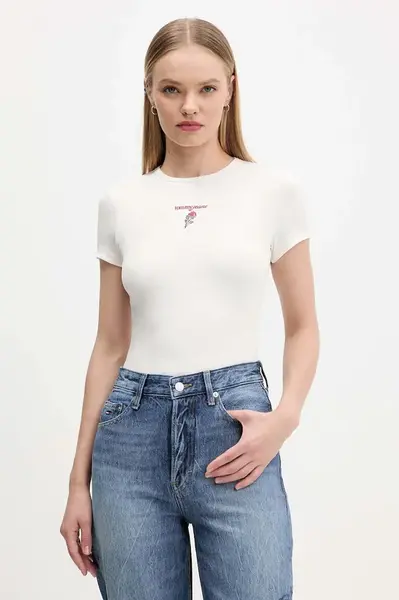 Tričko Tommy Jeans dámské, béžová barva, DW0DW21787