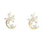 Moon with Flower Brass Micro Pave Cubic Zirconia Stud Earrings