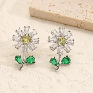 Flower Brass Cubic Zirconia Stud Earrings