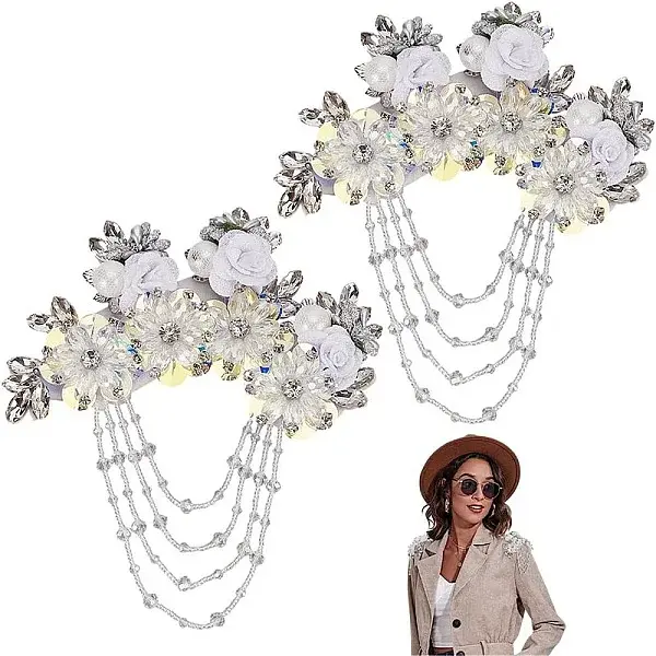 2Pcs Flower Polyester with Alloy wirh Glass with Plastic Ornament Accessories