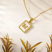 Rectangle 304 Stainless Steel Pave Natural White Shell Initial Pendant Necklaces for Women