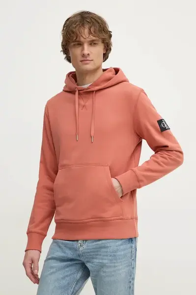 Bavlněná mikina Calvin Klein Jeans pánská, oranžová barva, s kapucí, s aplikací, J30J323430