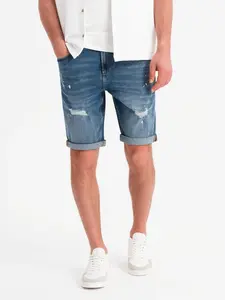 Ombre Men's short denim shorts with rubbing and rolled up leg - blue