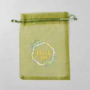 Thank You Flower Printed Organza Drawstring Bags