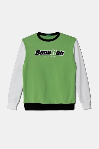 Dětská bavlněná mikina United Colors of Benetton zelená barva, s kapucí, s potiskem, 3J68C10N2