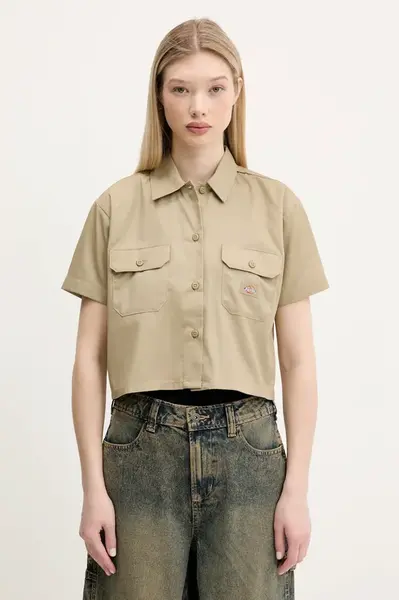 Košile Dickies dámská, zelená barva, relaxed, s klasickým límcem, DKDFS573KHK1