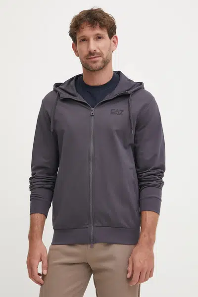 Bavlněná mikina EA7 Emporio Armani pánská, šedá barva, s kapucí, s potiskem, PJVRZ.8NPM33