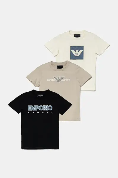Dětské bavlněné tričko Emporio Armani 3-pack béžová barva, s potiskem, EB000320 AF13913