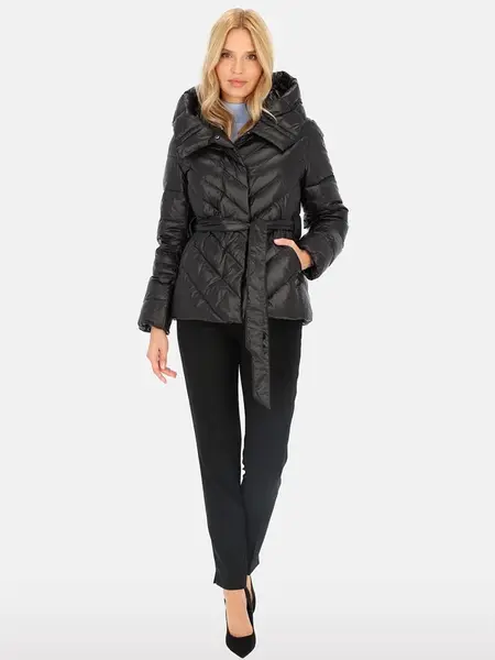 PERSO Woman's Women's short tied real down jacket with a hood ,  color