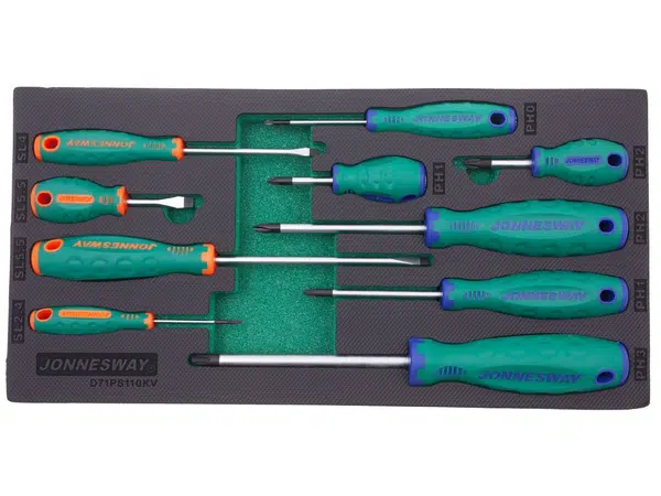 Modul pěnový - šroubováky ploché a křížové, sada 10 ks - JONNESWAY D71PS110KV