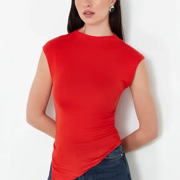 Trendyol Red Stand Collar Gather/Drape Detailed Fitted/Asymmetrical Knitted Blouse