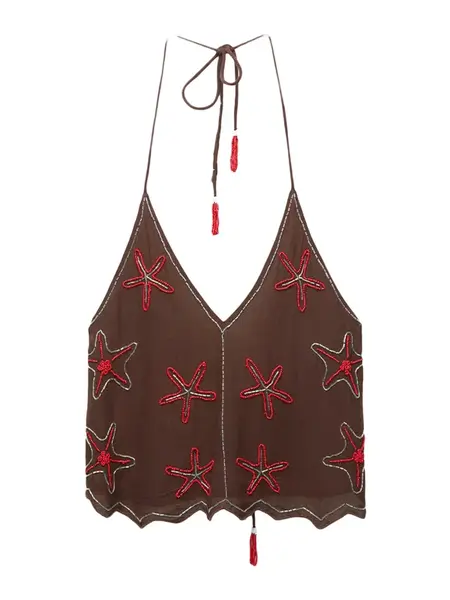 Pull&Bear Top  tmavohnedá / červená / biela