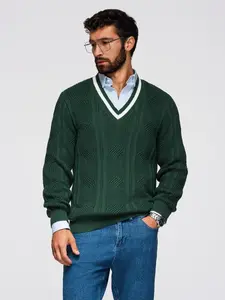 Ombre Men's plaid sweater with crew neckline - green