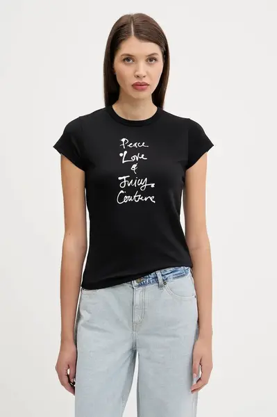 Tričko Juicy Couture PEACE LOVE AND JUICY HILTON T-SHIRT dámské, černá barva, JCNCT225458