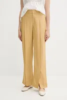 Kalhoty s příměsí lnu Sisley dámské, zelená barva, široké, high waist, 4HZELF06S