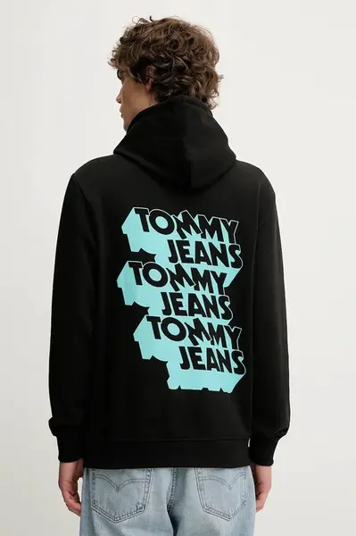Bavlněná mikina Tommy Jeans pánská, černá barva, s kapucí, s potiskem, DM0DM21625