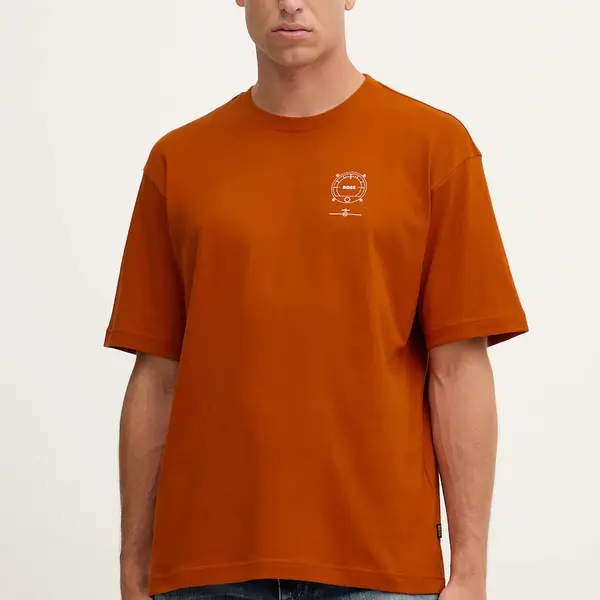 Bavlněné tričko BOSS Orange pánské, oranžová barva, s potiskem, 50546370