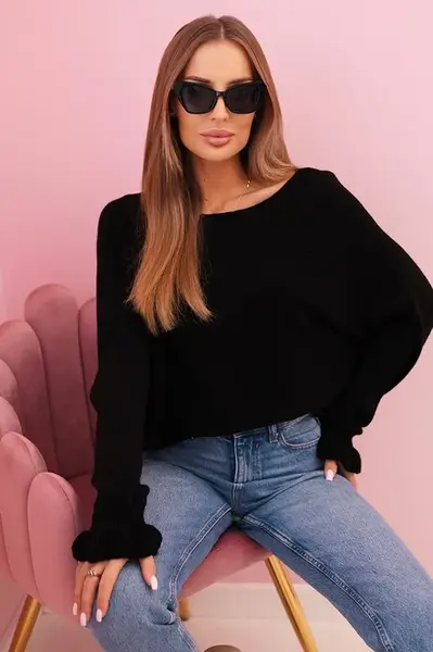 Kesi Włoski Dámský svetr z mohéru s nařasenými rukávy a výstřihem na zádech černý