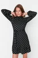 Trendyol Black Flounce and Decollete Decollete Skater/Waist Printed Ribbed Mini Knitted Dress