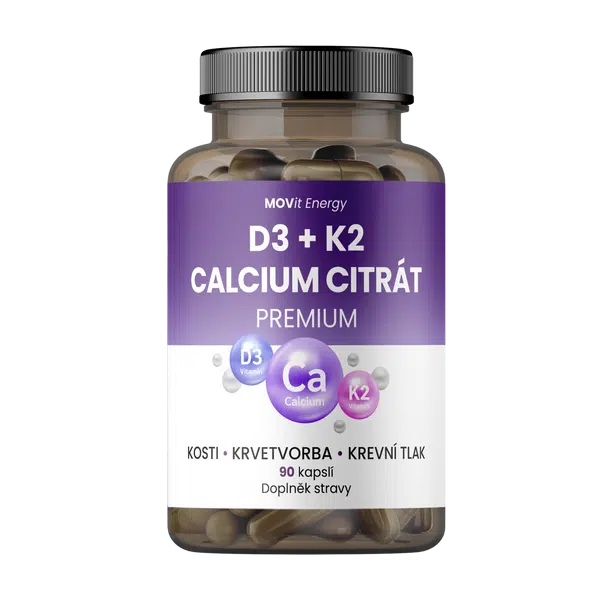 MOVIT ENERGY Vitamín D3 1000 IU + K2 75 mcg + Calcium Citrát 90 kapslí