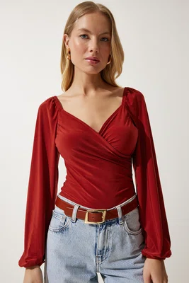 Happiness İstanbul Women's Tile Elastic Balloon Sleeve Sandy Knitted Blouse