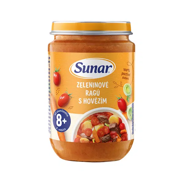 SUNAR Příkrm zeleninové ragú s hovězím 8m+, 190 g