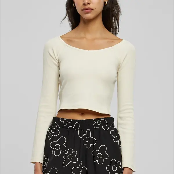 Women's short ribbing with a wide V-neck and long sleeves - white sand