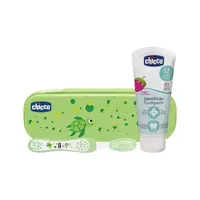 Chicco Set zubní kartáček a pasta s fluorem v pouzdře Always Smiling zelená 12m+