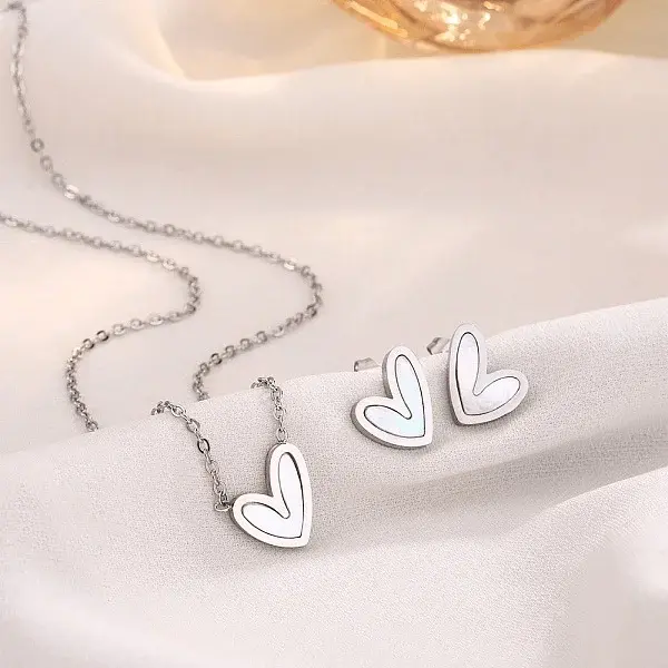 Heart Stainless Steel & Natural Shell Pendant Necklaces & Stud Earrings Sets