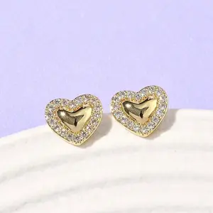 Heart Brass Micro Pave Clear Cubic Zirconia Stud Earrings