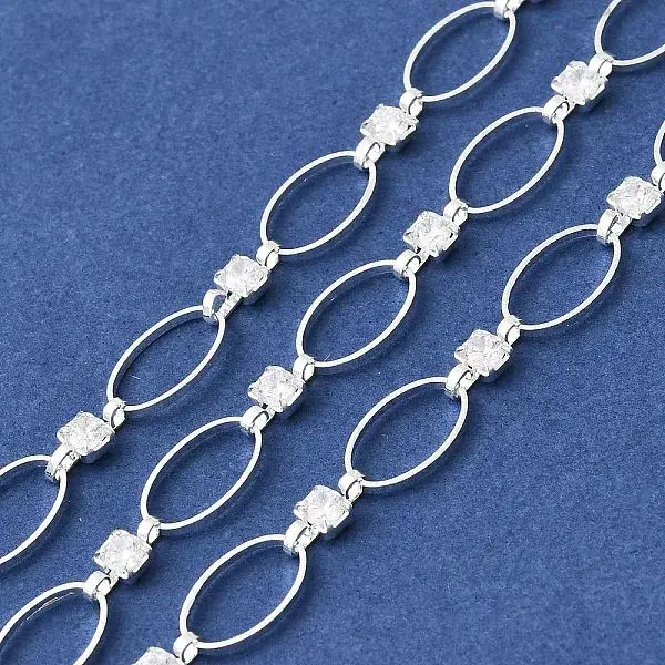 Handmade Brass Pave Clear Cubic Zirconia Oval Link Chains