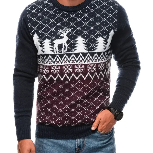 Edoti Men's Christmas winter jumper with reindeer - navy blue and white