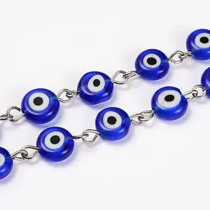 Handmade Lampwork Flat Round Evil Eye Beads Chains for Necklaces Bracelets Making