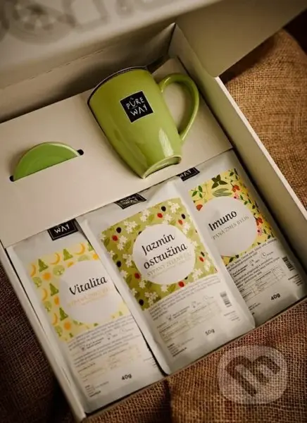 Darčekový set: sypané čaje Vitalita, Jazmín Ostružina, Imuno + šálka zelená Pureway