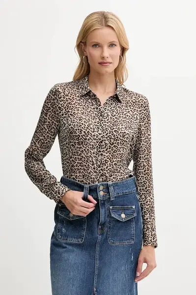 Košile Guess CLOUIS dámská, béžová barva, regular, s klasickým límcem, W5YH0X WDW82