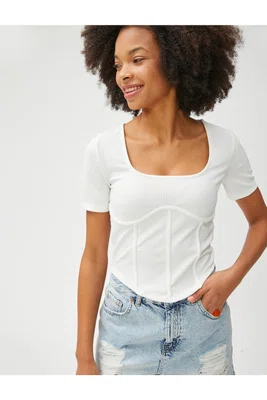 Koton Crop T-Shirt Corset Look Short Sleeve Crew Neck