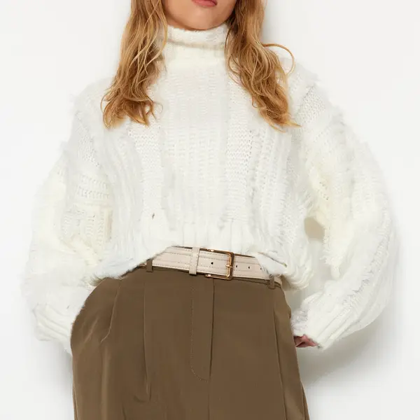 Trendyol Ecru Crop Soft Textured Turtleneck Knitwear Sweater