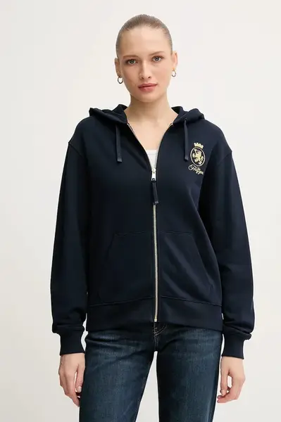 Bavlněná mikina Tommy Hilfiger dámská, tmavomodrá barva, s kapucí, s aplikací, WW0WW46126
