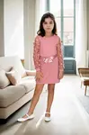 28185 Dewberry Waist Tied Tulle Detailed Girls Dress-PINK