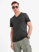 Ombre Men's cotton knit V-neck t-shirt with wash effect - black