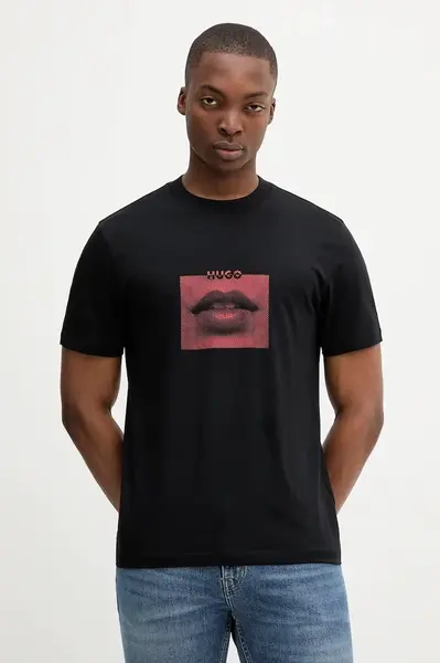 Bavlněné tričko HUGO Deterni pánské, černá barva, s potiskem, 50544496