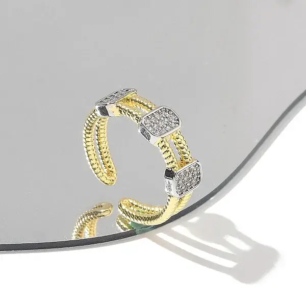 Brass Micro Pave Clear Cubic Zirconia Cuff Finger Rings for Women