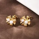 Brass ABS Plastic Pearl Flower Stud Earrings