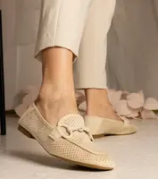 Gemre Beige Women's Perforated Loafers with Ornament Mensory