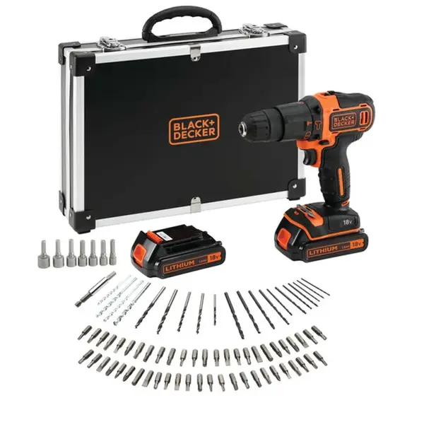 BLACK+DECKER Náradie - 18V AKU vŕtačka s príklepom a príslušenstvom, 2x aku 1,5 Ah Li-Ion, nabíjačka BDCHD18BAFC-QW