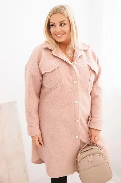 Kesi Włoski Dámský plášť Plus Size s vlnou na knoflíky s kapsami a límcem pudrově růžový