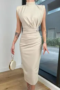 69862 Dewberry Brooched Padded Crepe Women Dress-STONE