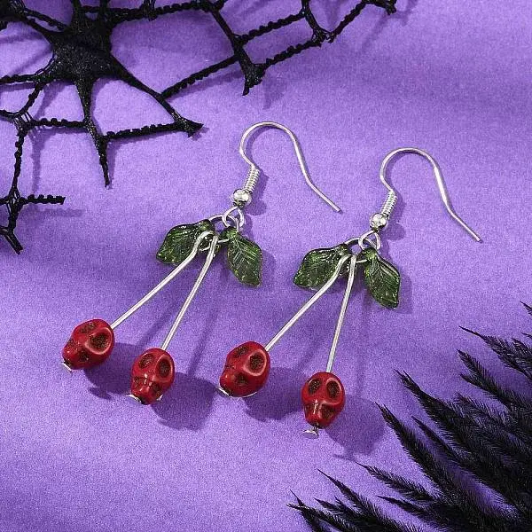 Brass Synthetic Turquoise Skull Dangle Earrings