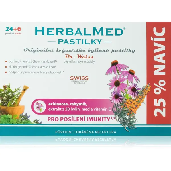 Dr.Weiss HerbalMed pastilky Echinacea + rakytník + vitamin C pastilky na posilnenie imunity 30 tbl