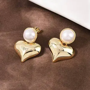 Brass ABS Plastic Pearl Heart Dangle Stud Earrings